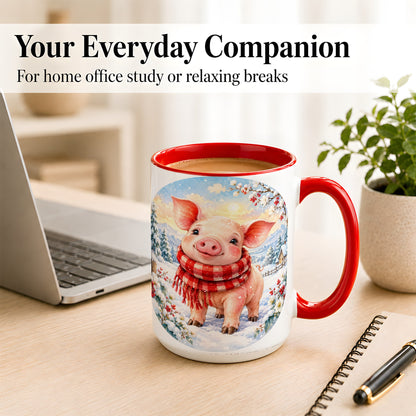 #pl[15oz|Red] Watercolor Pig Coffee Mug, Winter Pig Mug, Ceramic Cup