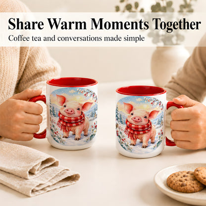 #pl[15oz|Red] Watercolor Pig Coffee Mug, Winter Pig Mug, Ceramic Cup