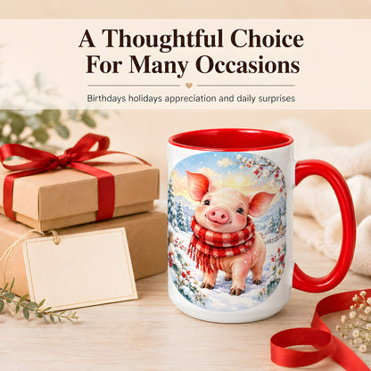 #pl[15oz|Red] Watercolor Pig Coffee Mug, Winter Pig Mug, Ceramic Cup