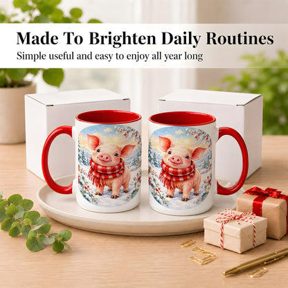 #pl[15oz|Red] Watercolor Pig Coffee Mug, Winter Pig Mug, Ceramic Cup