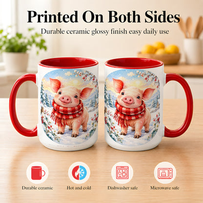 #pl[15oz|Red] Watercolor Pig Coffee Mug, Winter Pig Mug, Ceramic Cup