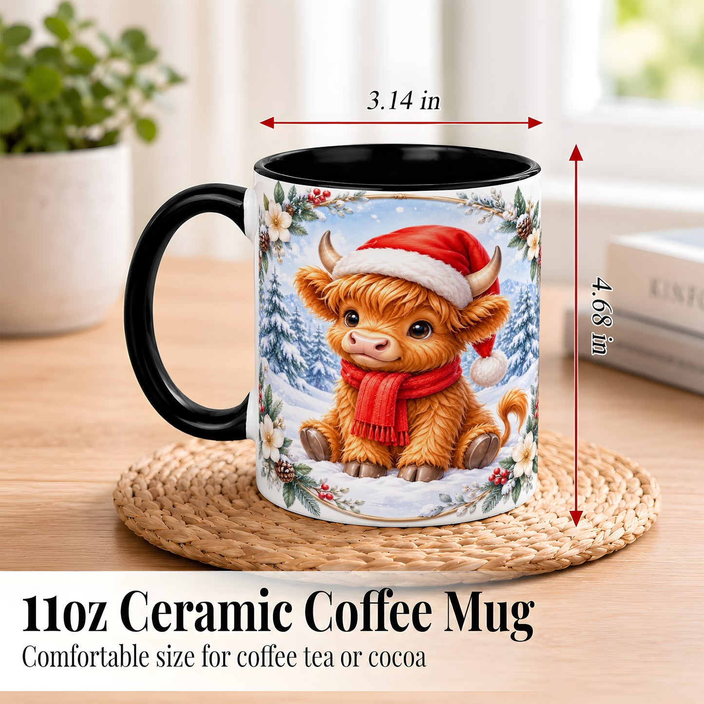 #pl[11oz|Black] Christmas Highland Cow Coffee Mug, Winter Cow Mug, Ceramic Cup