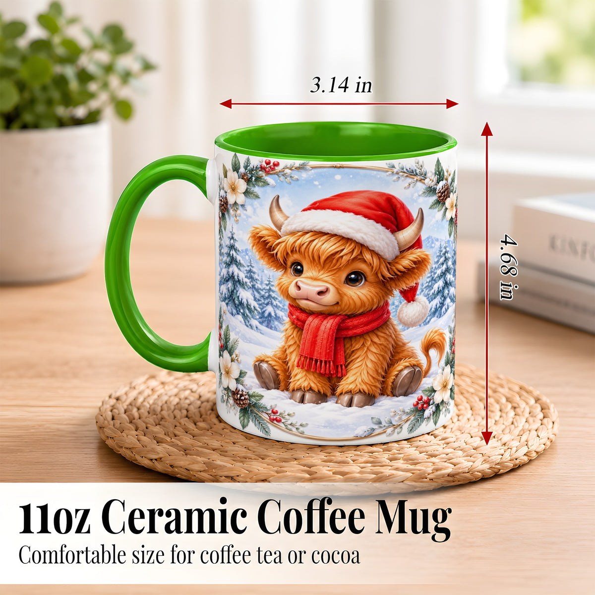 #pl[11oz|Green] Christmas Highland Cow Coffee Mug, Winter Cow Mug, Ceramic Cup