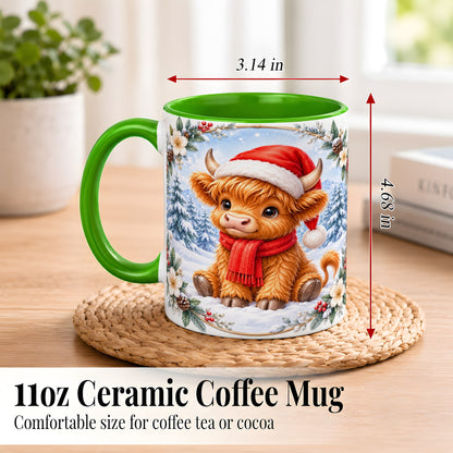 #pl[11oz|Green] Christmas Highland Cow Coffee Mug, Winter Cow Mug, Ceramic Cup