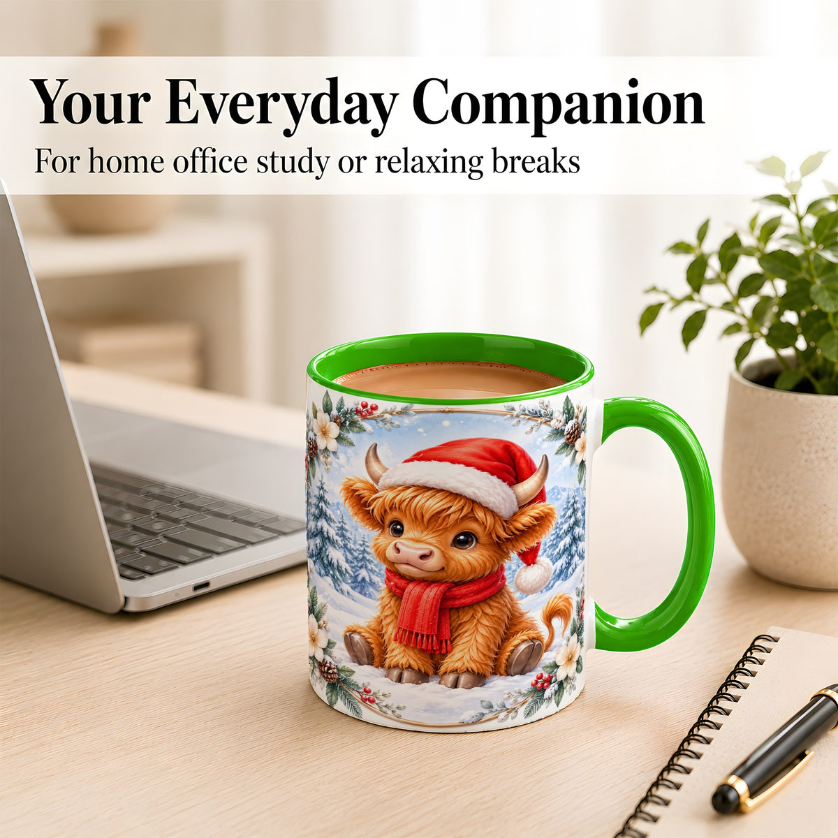 #pl[11oz|Green] Christmas Highland Cow Coffee Mug, Winter Cow Mug, Ceramic Cup