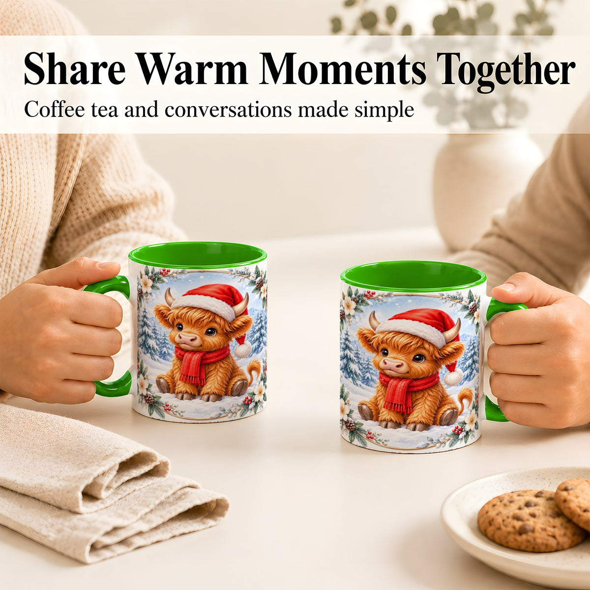 #pl[11oz|Green] Christmas Highland Cow Coffee Mug, Winter Cow Mug, Ceramic Cup