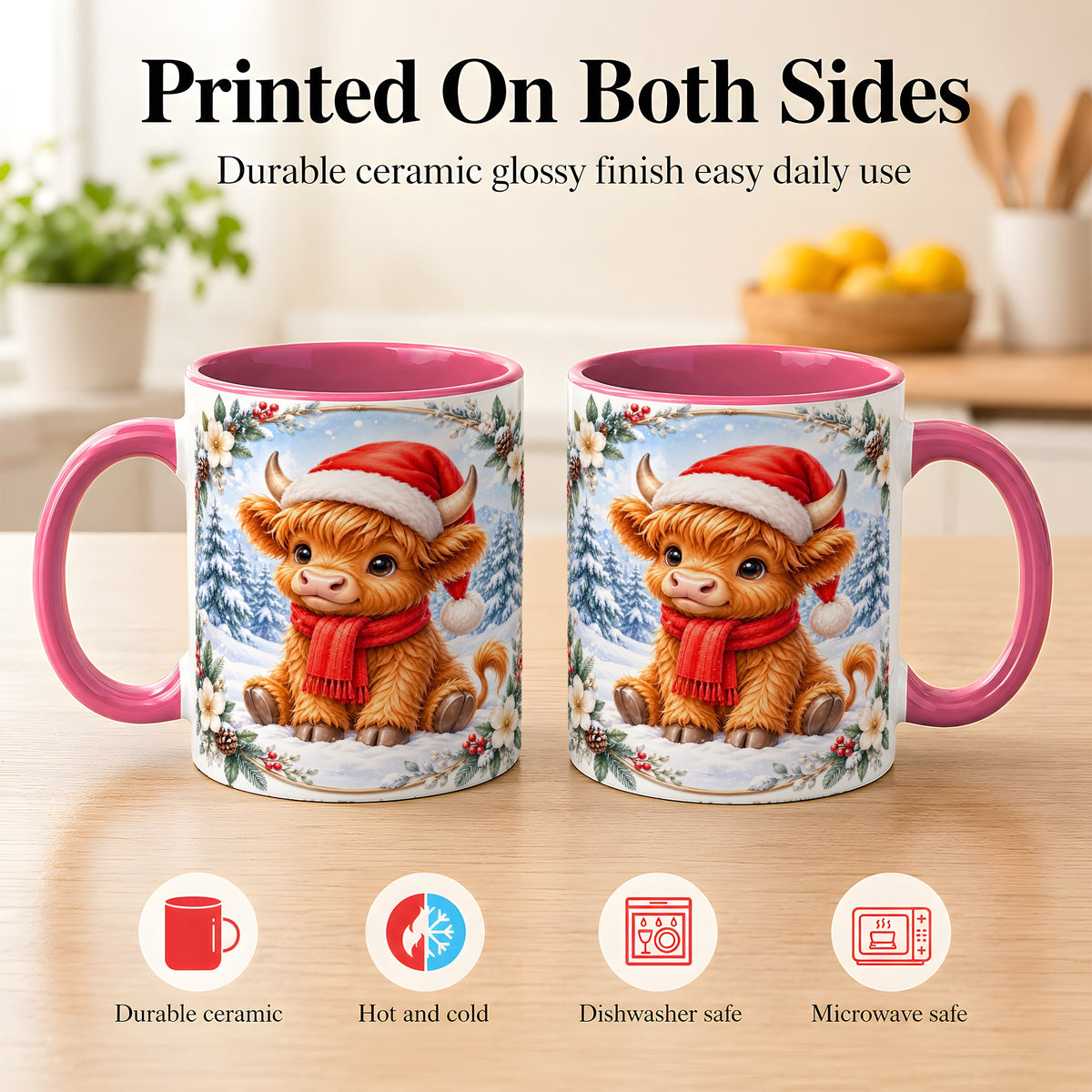 #pl[11oz|Pink] Christmas Highland Cow Coffee Mug, Winter Cow Mug, Ceramic Cup