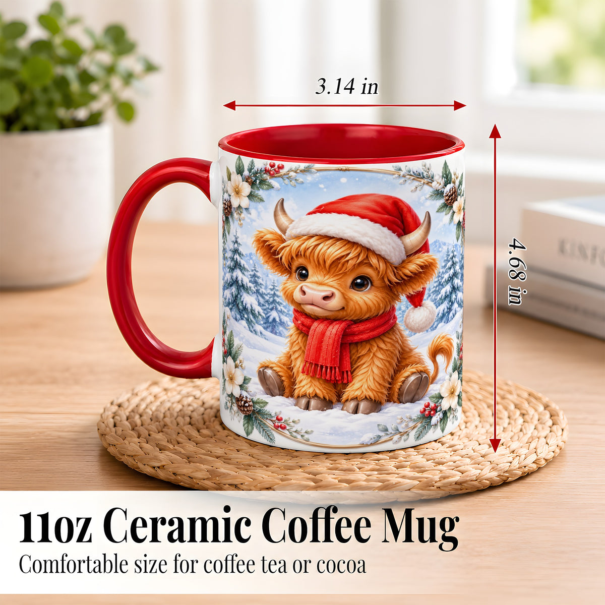 #pl[11oz|Red] Christmas Highland Cow Coffee Mug, Winter Cow Mug, Ceramic Cup