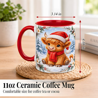 #pl[11oz|Red] Christmas Highland Cow Coffee Mug, Winter Cow Mug, Ceramic Cup