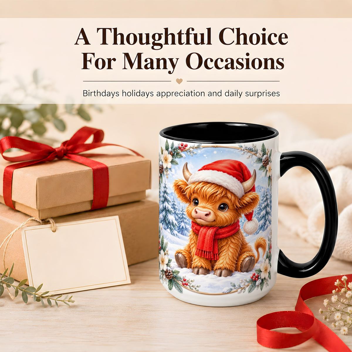#pl[15oz|Black] Christmas Highland Cow Coffee Mug, Winter Cow Mug, Ceramic Cup