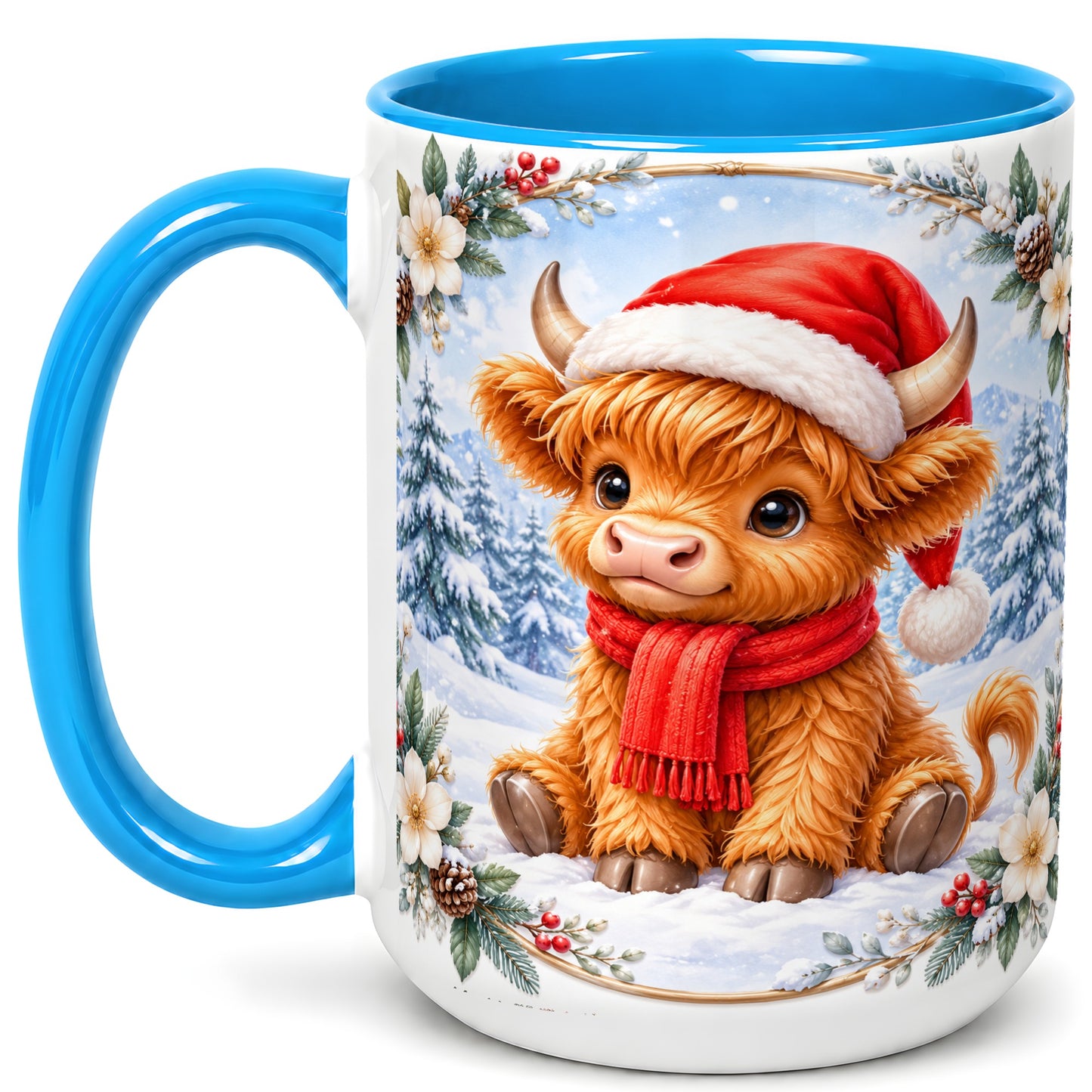 #pl[15oz|Blue] Christmas Highland Cow Coffee Mug, Winter Cow Mug, Ceramic Cup