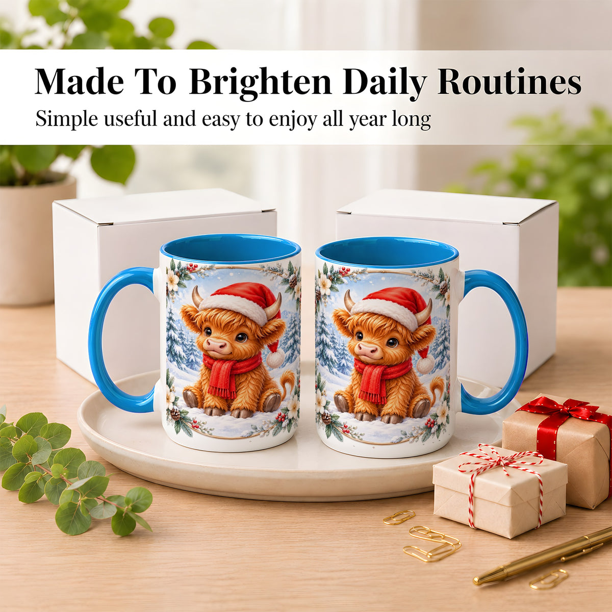 #pl[15oz|Blue] Christmas Highland Cow Coffee Mug, Winter Cow Mug, Ceramic Cup