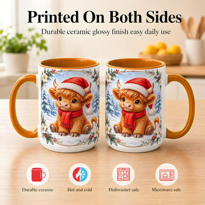 #pl[15oz|Orange] Christmas Highland Cow Coffee Mug, Winter Cow Mug, Ceramic Cup