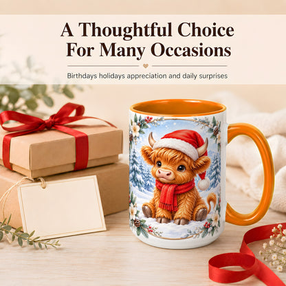 #pl[15oz|Orange] Christmas Highland Cow Coffee Mug, Winter Cow Mug, Ceramic Cup