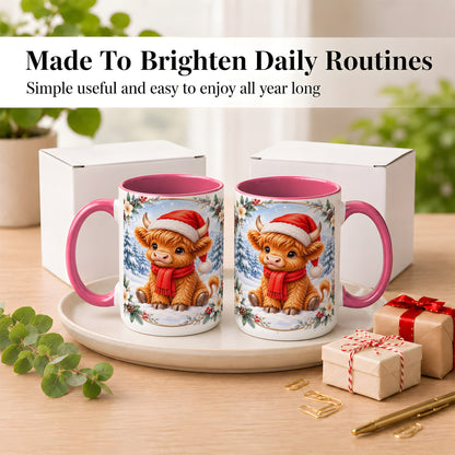 #pl[15oz|Pink] Christmas Highland Cow Coffee Mug, Winter Cow Mug, Ceramic Cup