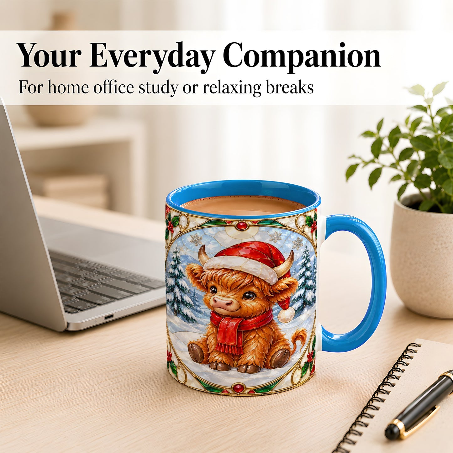 #pl[11oz|Blue] Highland Cow Coffee Mug, Stained Glass Style Cow Mug, Ceramic Cup