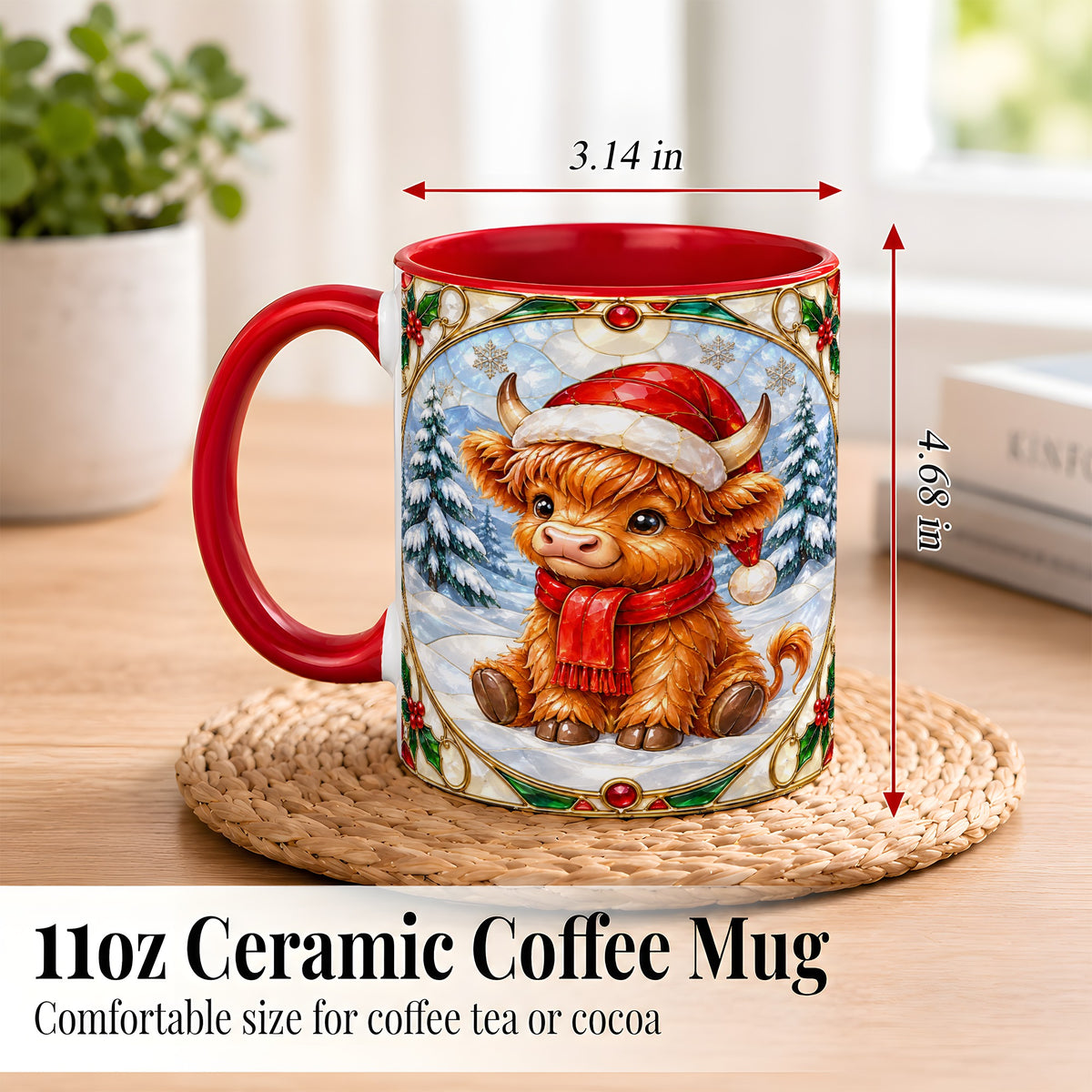 #pl[11oz|Red] Highland Cow Coffee Mug, Stained Glass Style Cow Mug, Ceramic Cup