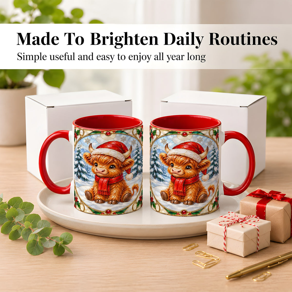 #pl[11oz|Red] Highland Cow Coffee Mug, Stained Glass Style Cow Mug, Ceramic Cup