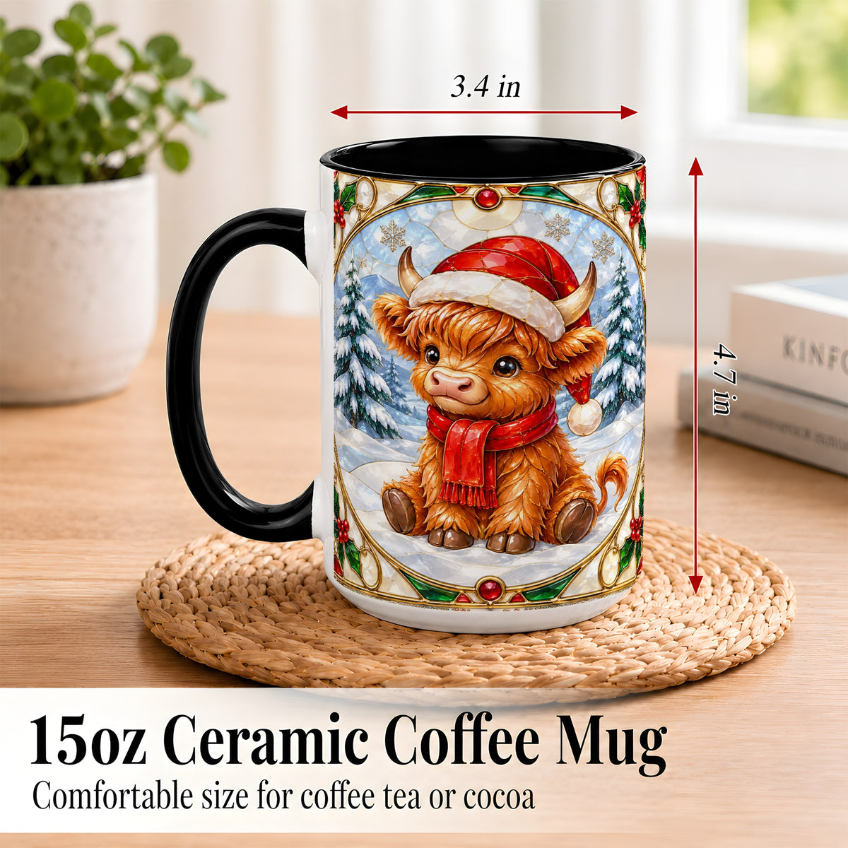#pl[15oz|Black] Highland Cow Coffee Mug, Stained Glass Style Cow Mug, Ceramic Cup