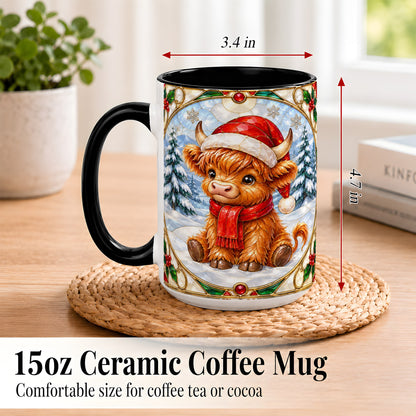 #pl[15oz|Black] Highland Cow Coffee Mug, Stained Glass Style Cow Mug, Ceramic Cup