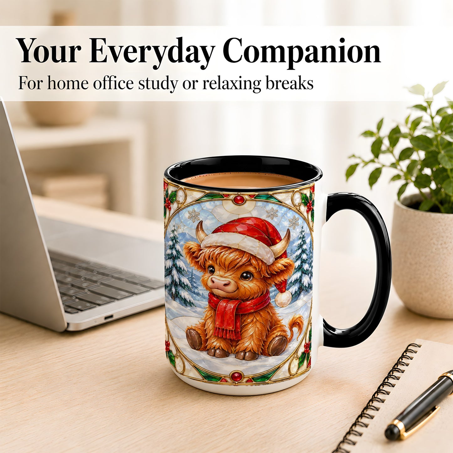 #pl[15oz|Black] Highland Cow Coffee Mug, Stained Glass Style Cow Mug, Ceramic Cup