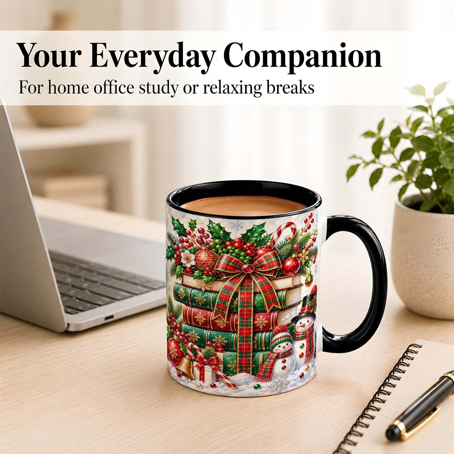 #pl[11oz|Black] Christmas Book Stack Coffee Mug, Snowman Holiday Mug, Ceramic Cup