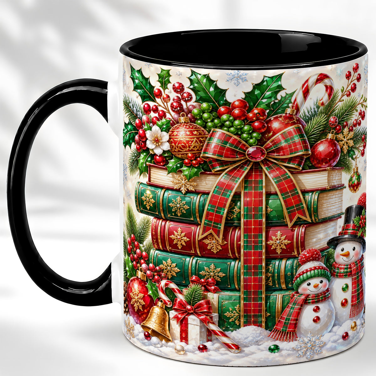 #pl[11oz|Black] Christmas Book Stack Coffee Mug, Snowman Holiday Mug, Ceramic Cup