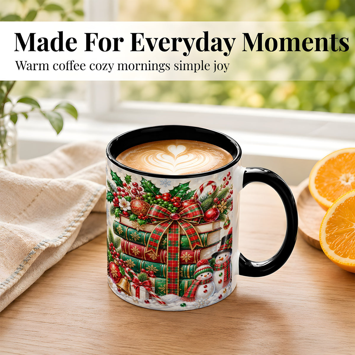 #pl[11oz|Black] Christmas Book Stack Coffee Mug, Snowman Holiday Mug, Ceramic Cup