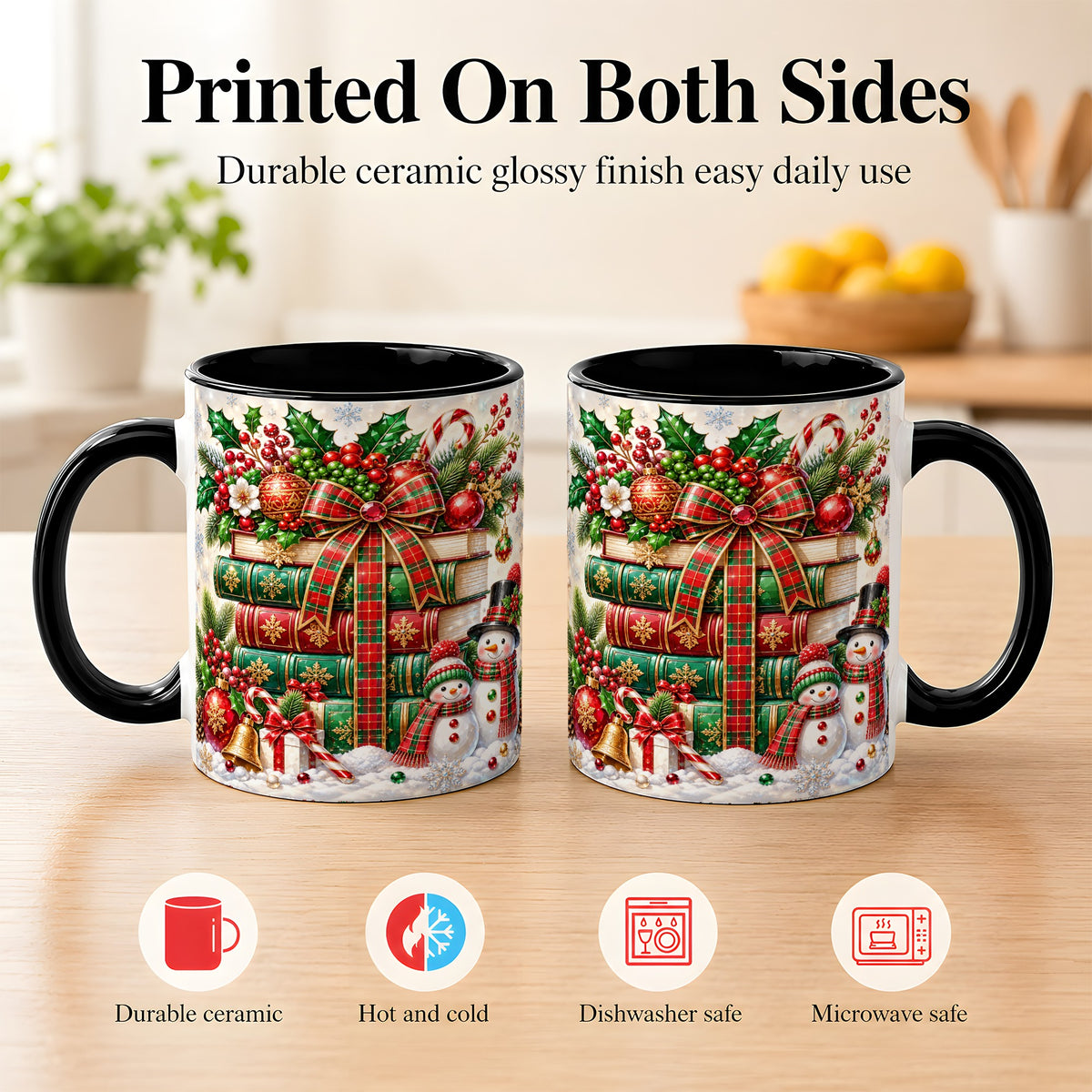 #pl[11oz|Black] Christmas Book Stack Coffee Mug, Snowman Holiday Mug, Ceramic Cup