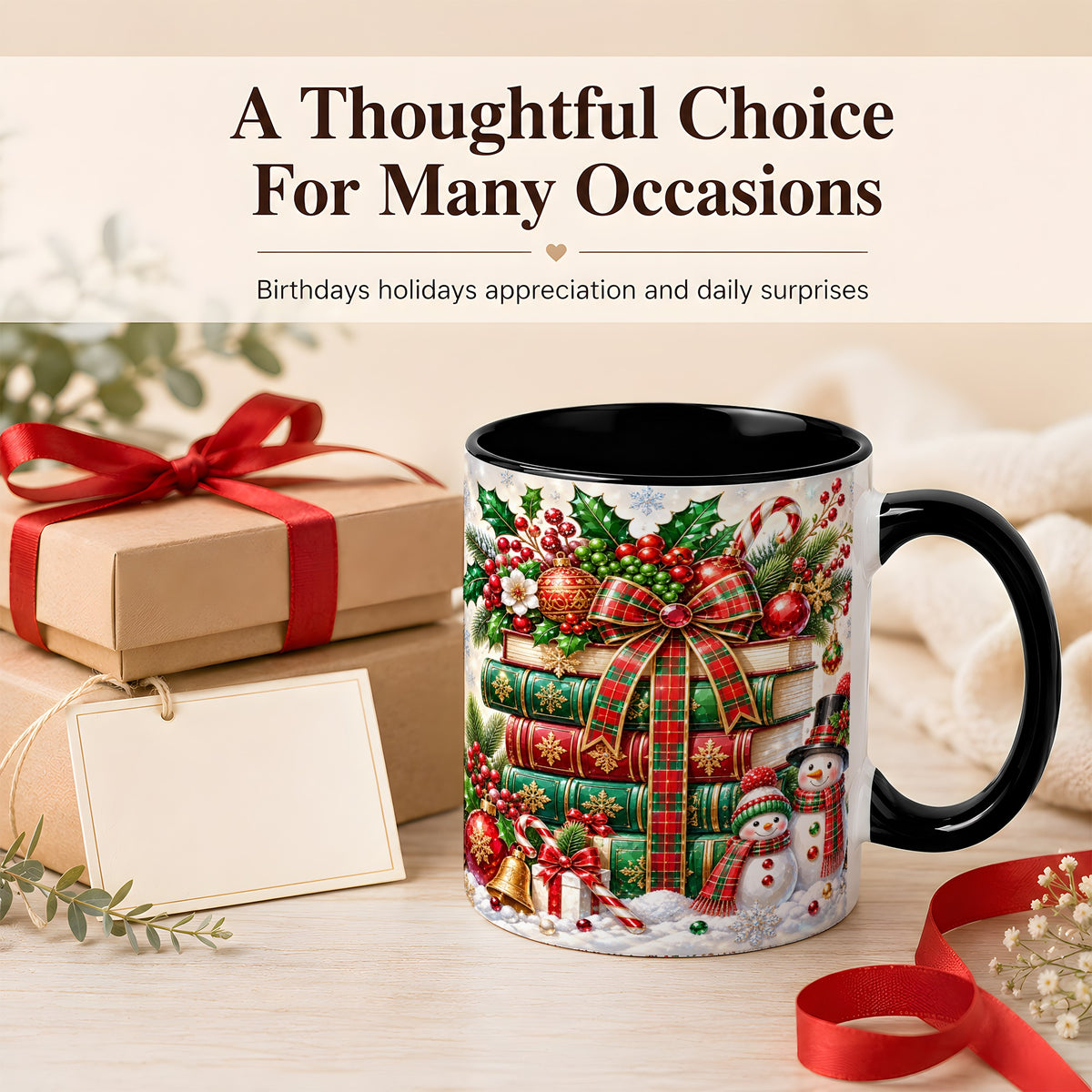 #pl[11oz|Black] Christmas Book Stack Coffee Mug, Snowman Holiday Mug, Ceramic Cup