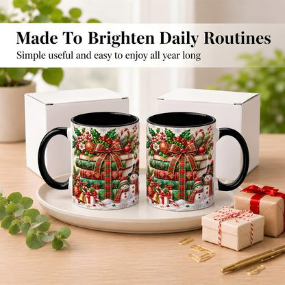 #pl[11oz|Black] Christmas Book Stack Coffee Mug, Snowman Holiday Mug, Ceramic Cup