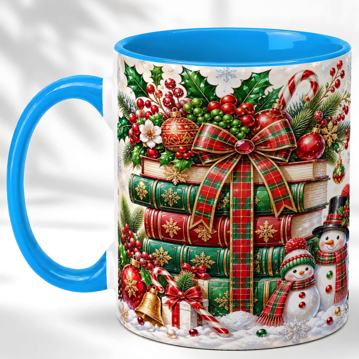 #pl[11oz|Blue] Christmas Book Stack Coffee Mug, Snowman Holiday Mug, Ceramic Cup