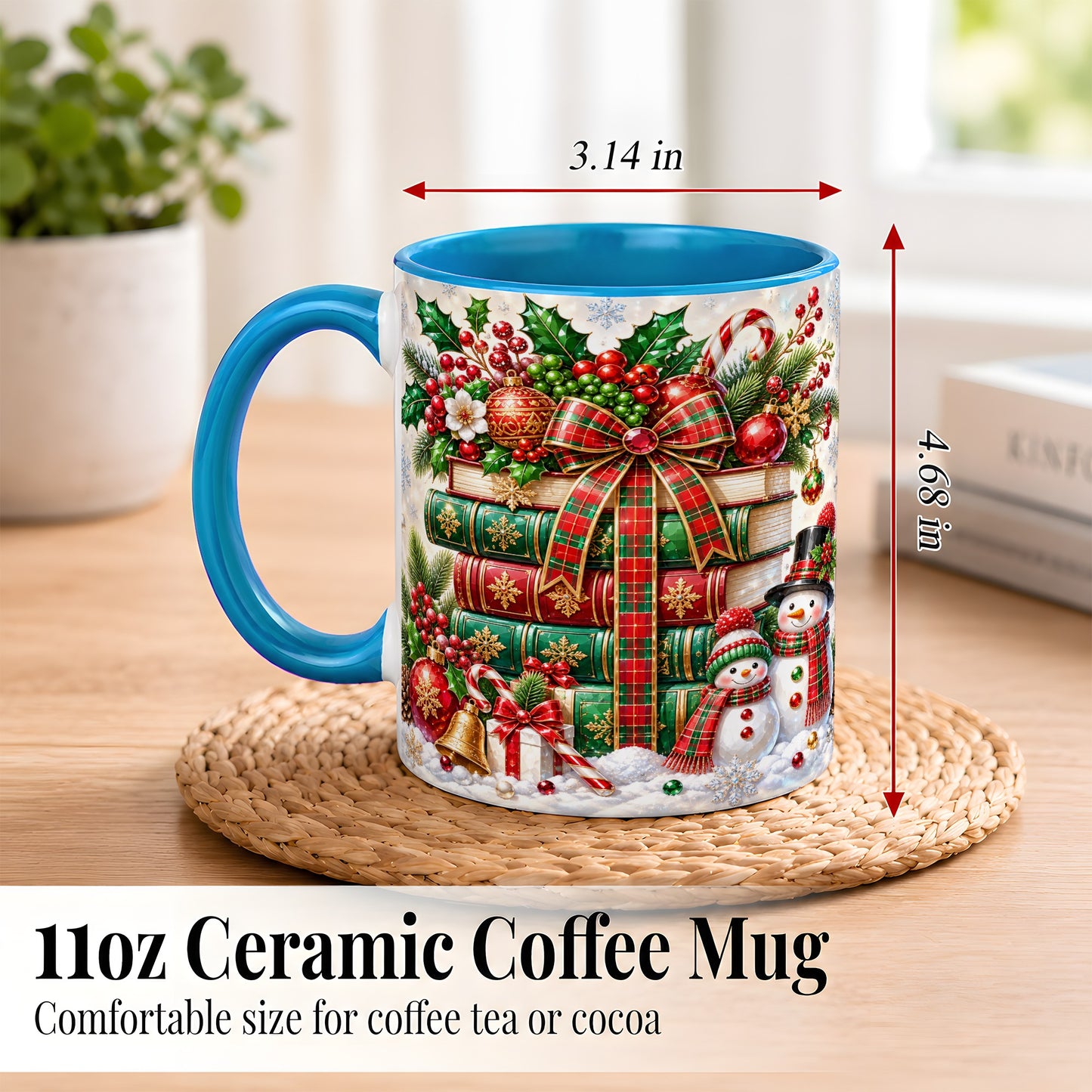 #pl[11oz|Blue] Christmas Book Stack Coffee Mug, Snowman Holiday Mug, Ceramic Cup