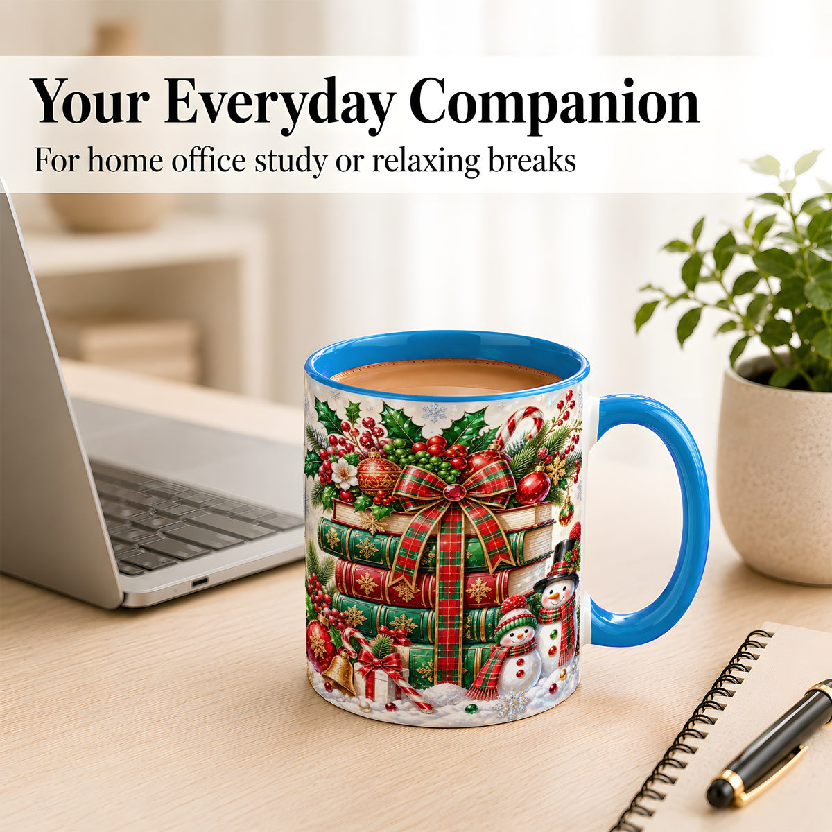 #pl[11oz|Blue] Christmas Book Stack Coffee Mug, Snowman Holiday Mug, Ceramic Cup