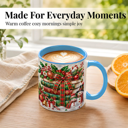 #pl[11oz|Blue] Christmas Book Stack Coffee Mug, Snowman Holiday Mug, Ceramic Cup