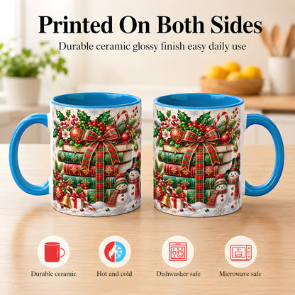 #pl[11oz|Blue] Christmas Book Stack Coffee Mug, Snowman Holiday Mug, Ceramic Cup