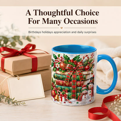 #pl[11oz|Blue] Christmas Book Stack Coffee Mug, Snowman Holiday Mug, Ceramic Cup