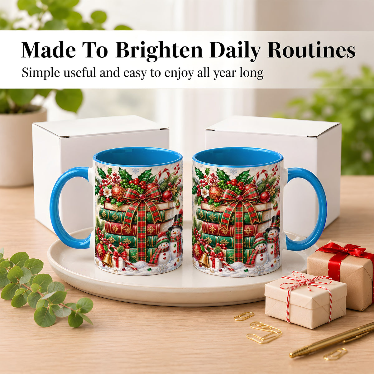 #pl[11oz|Blue] Christmas Book Stack Coffee Mug, Snowman Holiday Mug, Ceramic Cup