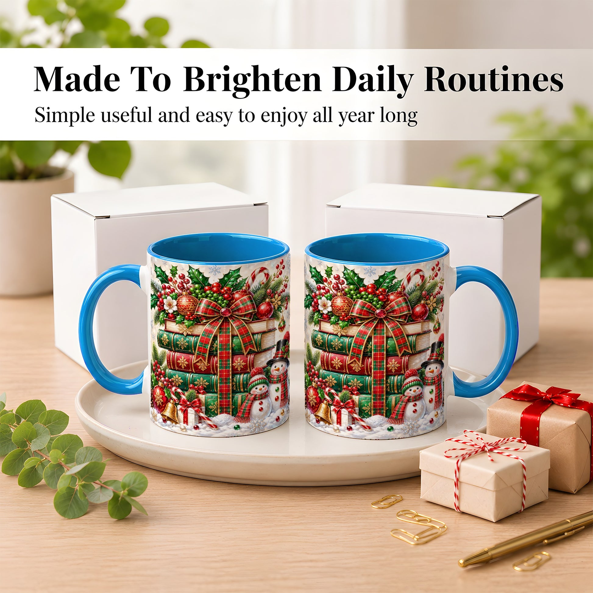 #pl[11oz|Blue] Christmas Book Stack Coffee Mug, Snowman Holiday Mug, Ceramic Cup