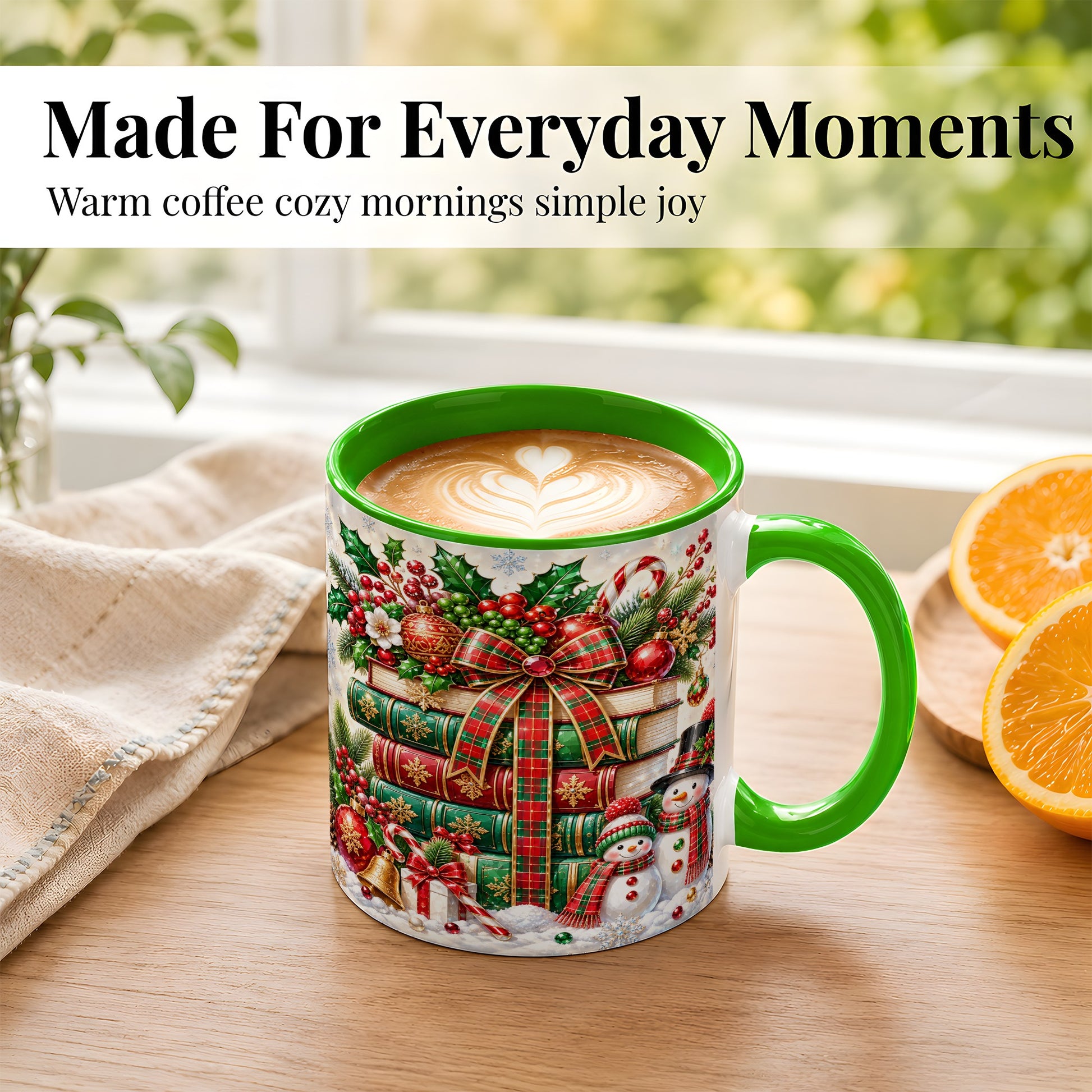 #pl[11oz|Green] Christmas Book Stack Coffee Mug, Snowman Holiday Mug, Ceramic Cup