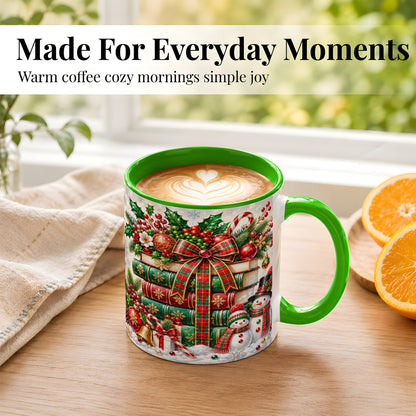 #pl[11oz|Green] Christmas Book Stack Coffee Mug, Snowman Holiday Mug, Ceramic Cup