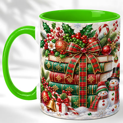 #pl[11oz|Green] Christmas Book Stack Coffee Mug, Snowman Holiday Mug, Ceramic Cup