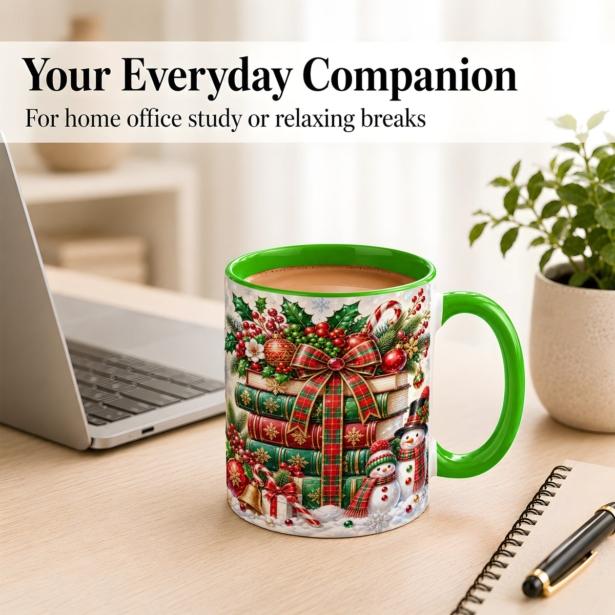 #pl[11oz|Green] Christmas Book Stack Coffee Mug, Snowman Holiday Mug, Ceramic Cup