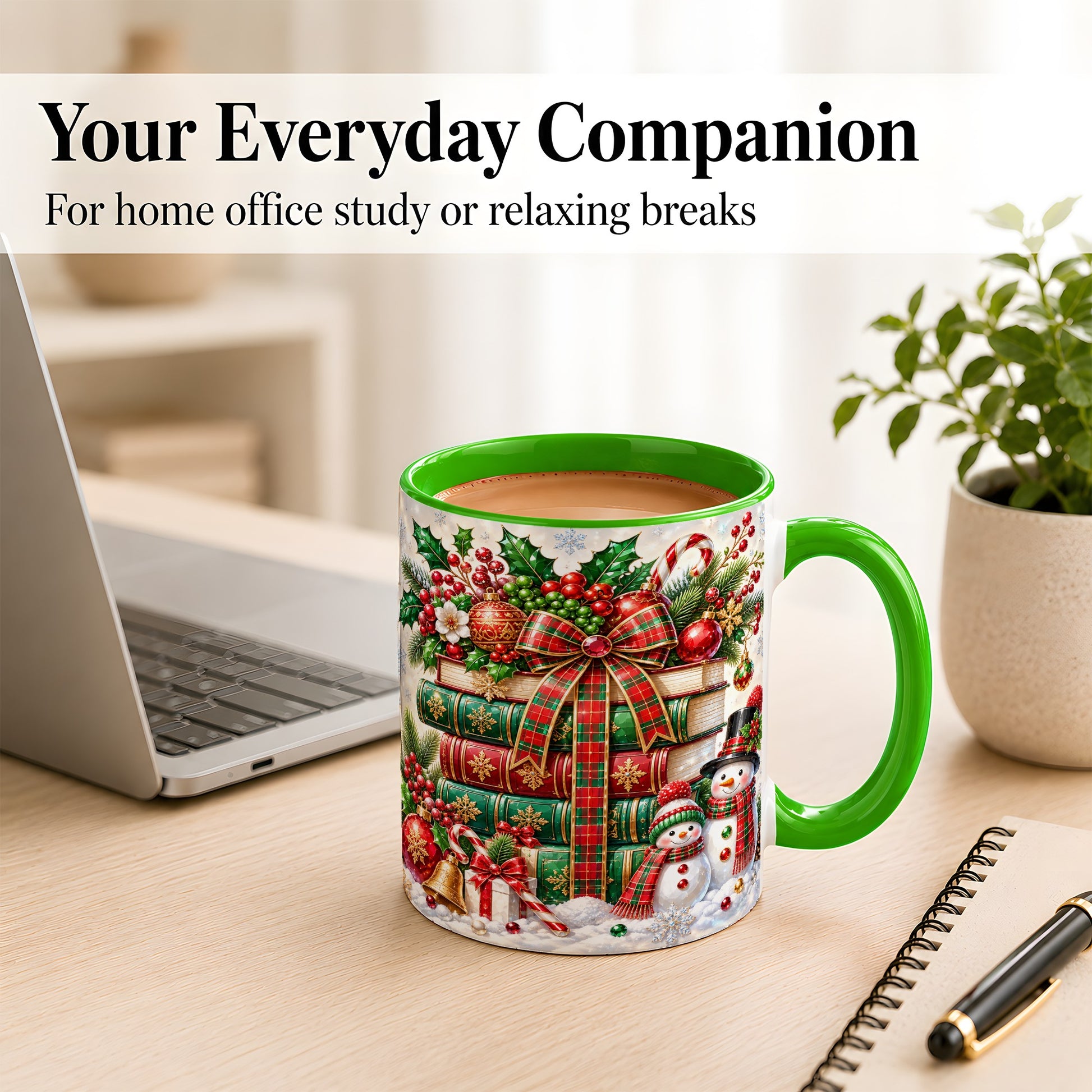 #pl[11oz|Green] Christmas Book Stack Coffee Mug, Snowman Holiday Mug, Ceramic Cup