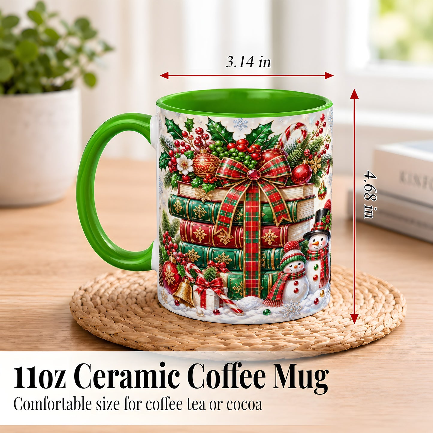 #pl[11oz|Green] Christmas Book Stack Coffee Mug, Snowman Holiday Mug, Ceramic Cup