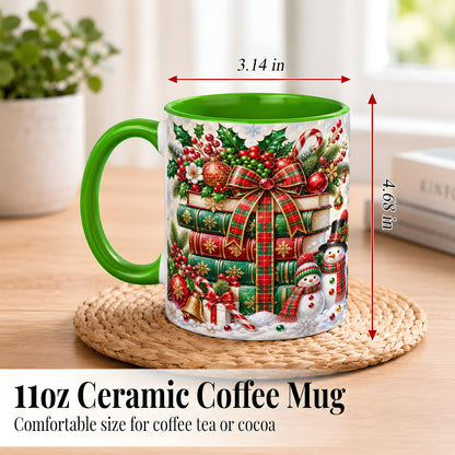 #pl[11oz|Green] Christmas Book Stack Coffee Mug, Snowman Holiday Mug, Ceramic Cup