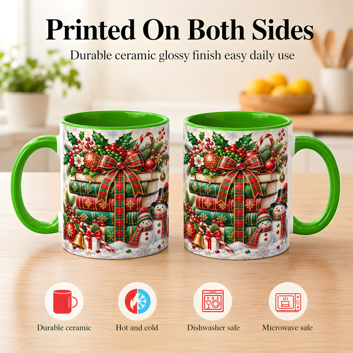 #pl[11oz|Green] Christmas Book Stack Coffee Mug, Snowman Holiday Mug, Ceramic Cup