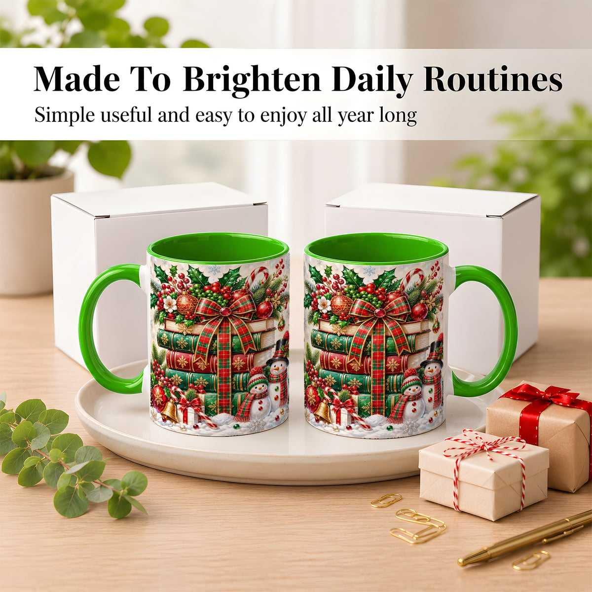 #pl[11oz|Green] Christmas Book Stack Coffee Mug, Snowman Holiday Mug, Ceramic Cup