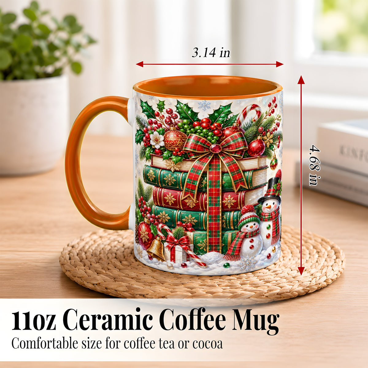 #pl[11oz|Orange] Christmas Book Stack Coffee Mug, Snowman Holiday Mug, Ceramic Cup