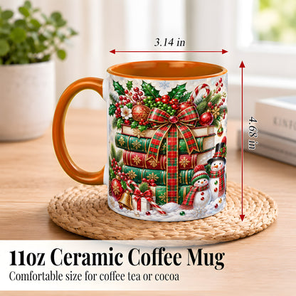 #pl[11oz|Orange] Christmas Book Stack Coffee Mug, Snowman Holiday Mug, Ceramic Cup